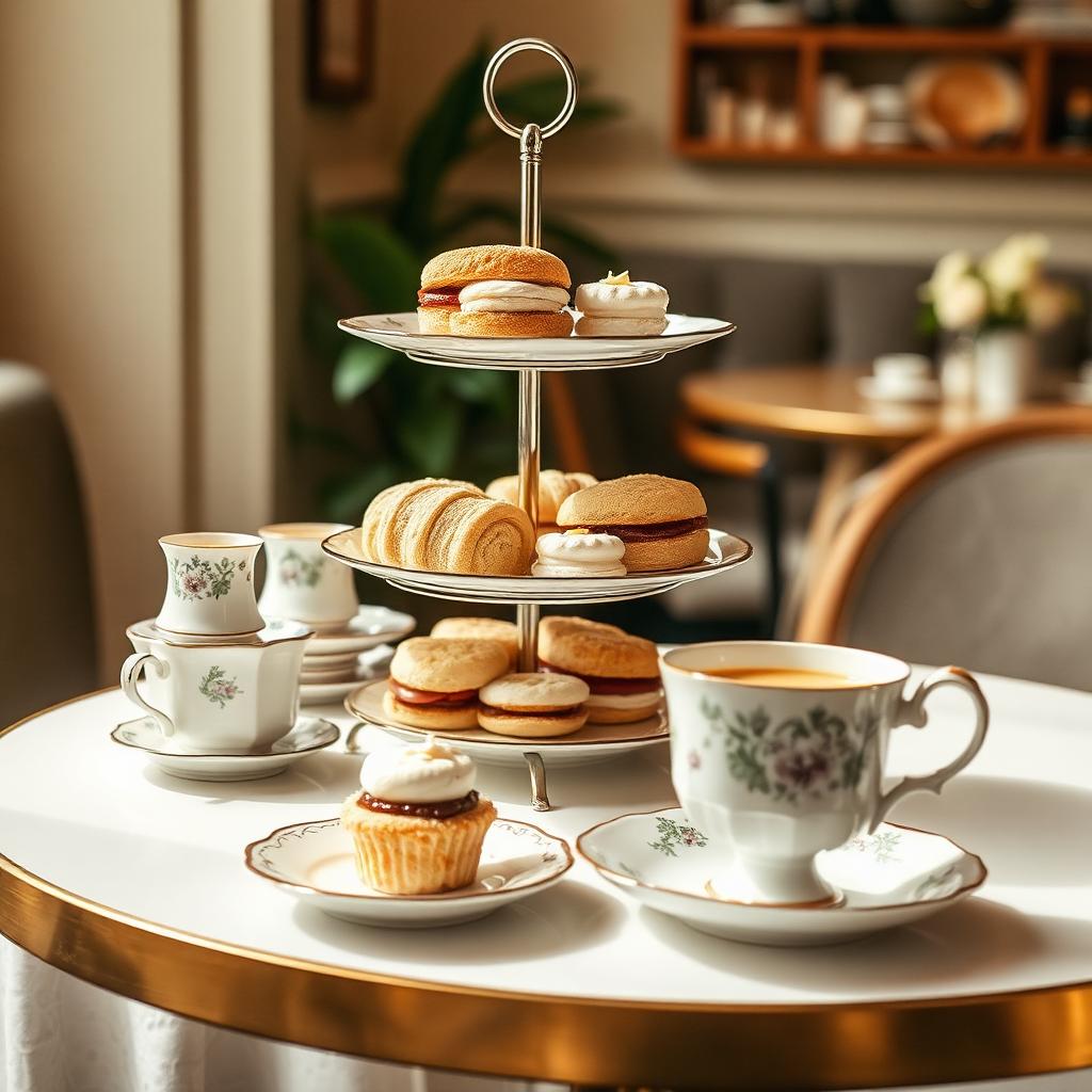 Tiered tea tray with sandwiches, scones and mini desserts