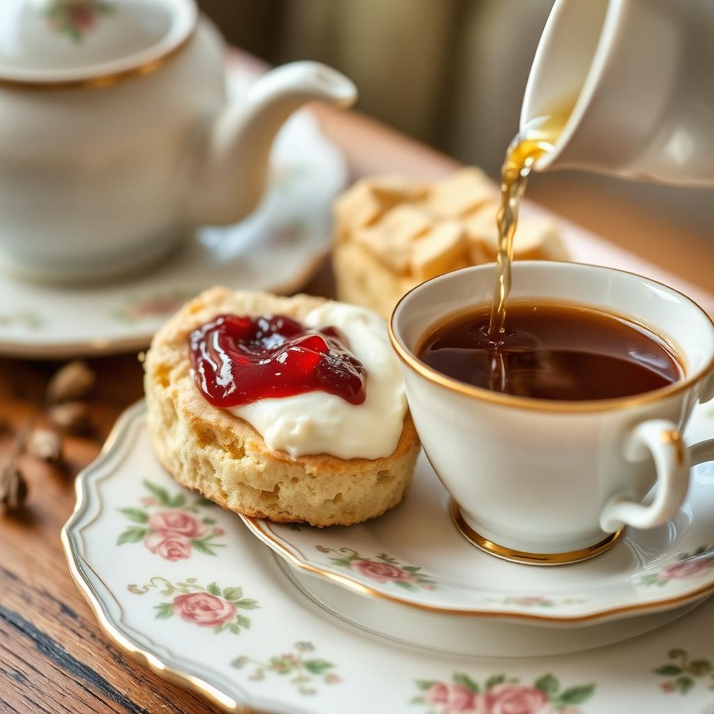 Scone with cream and jam beside a freshly poured cup of tea