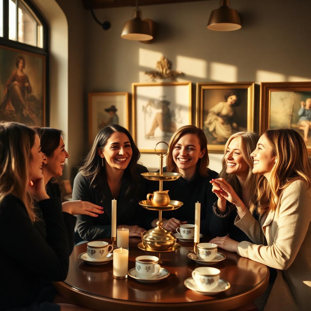Friends laughing around a tea table inside the cafe