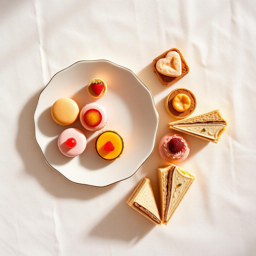 Mini desserts and tea sandwiches arranged on a linen tablecloth