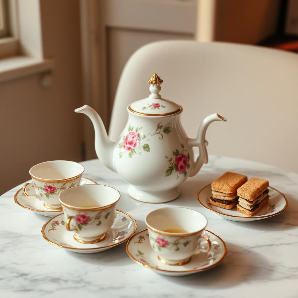 Floral teapot, teacups and pastries on a marble table